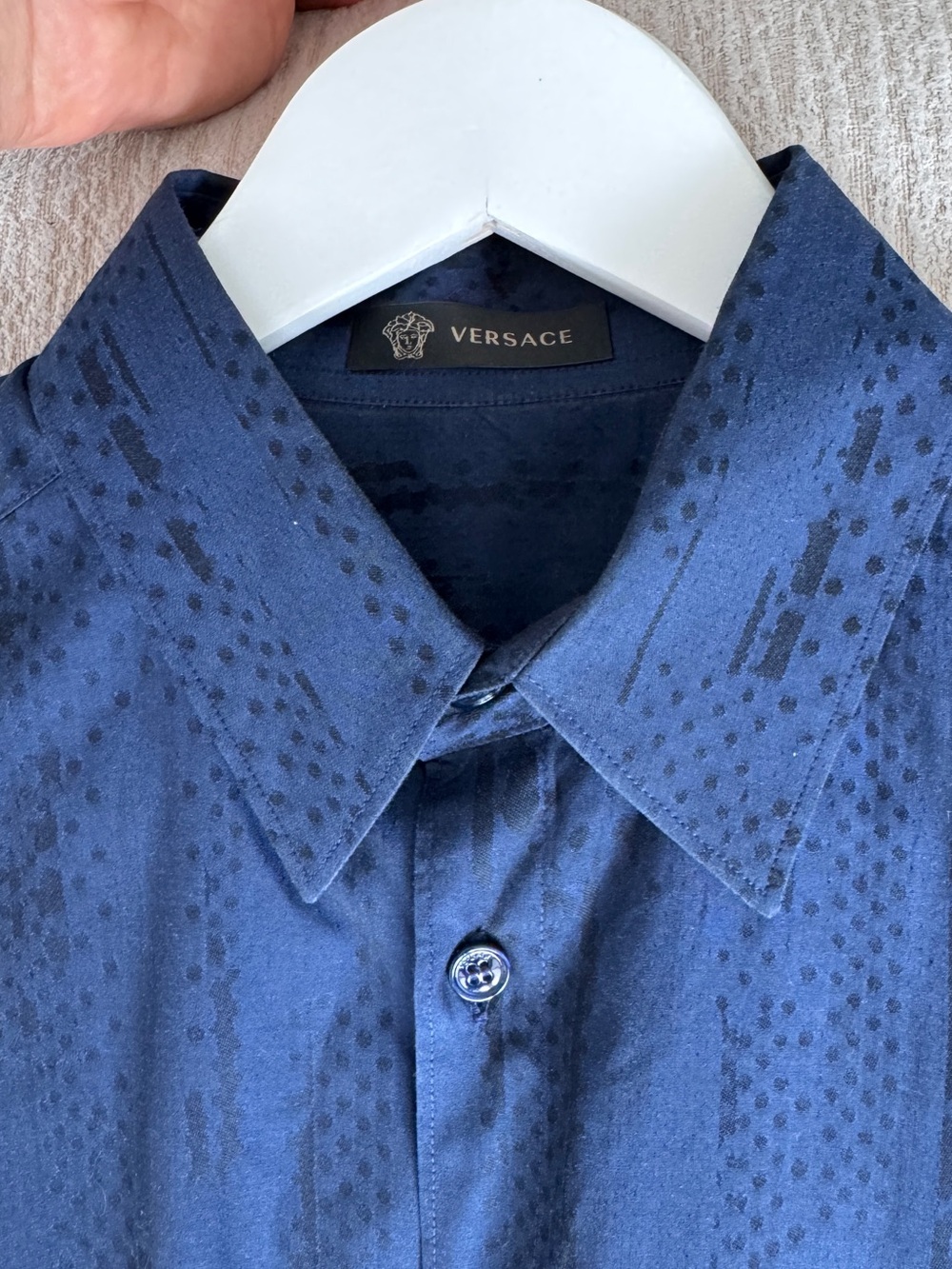 Versace Men's Dark Navy Patterned Long-Sleeve Dress Shirt - Picture 3 of 13